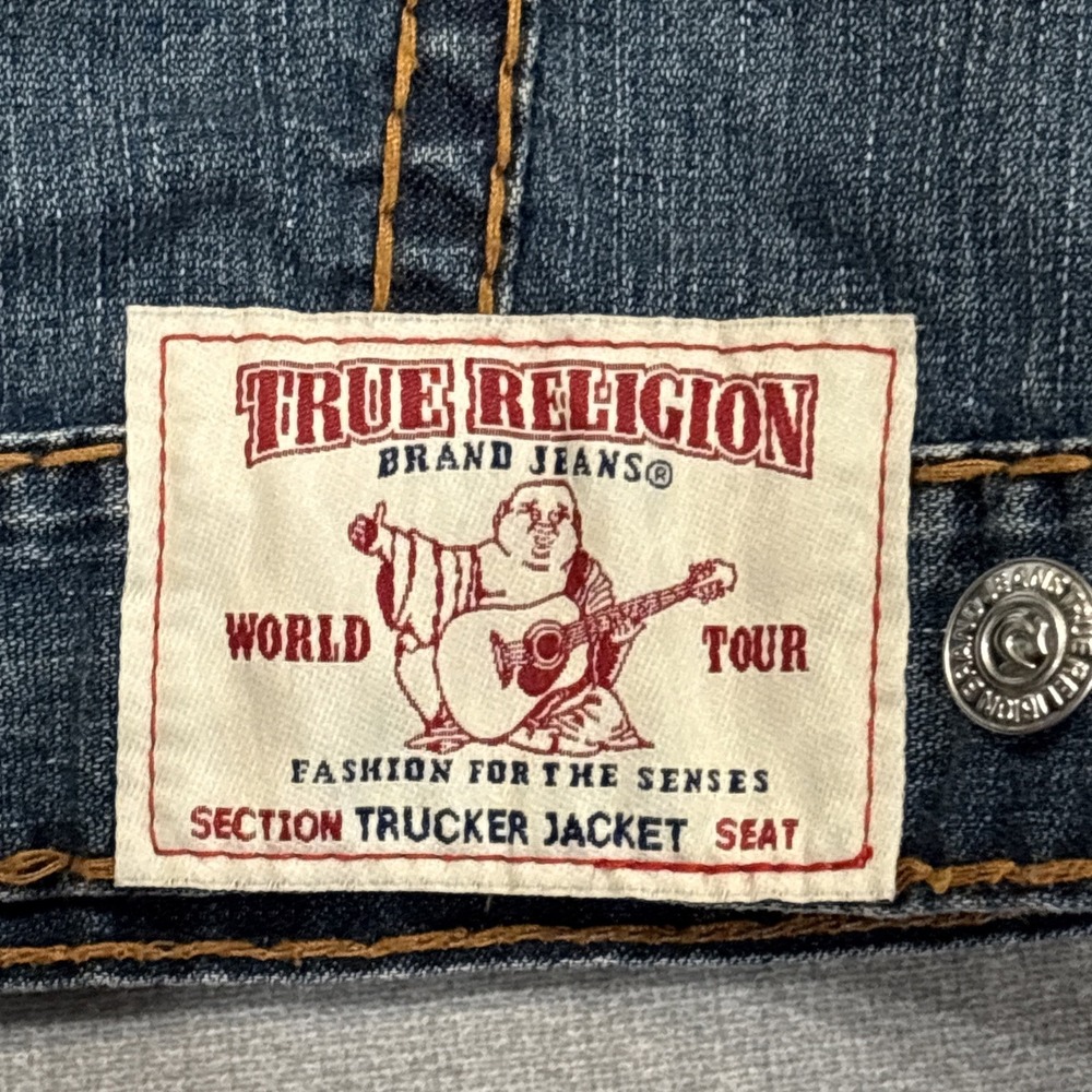 True Religion Blue Denim Trucker Jacket Size M Thick Stitching Res Super T VTG - Picture 13 of 14